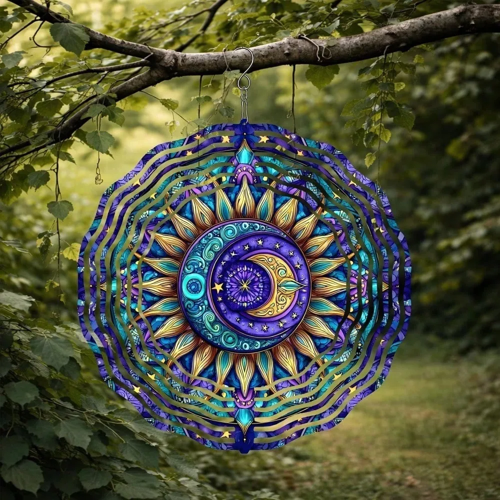 CIFbuy Iron Wind Chime Bohemian Sun Moon Mandala Weatherproof Metal Smooth Spinning Blue Purple Gold Outdoor Garden Patio Decor