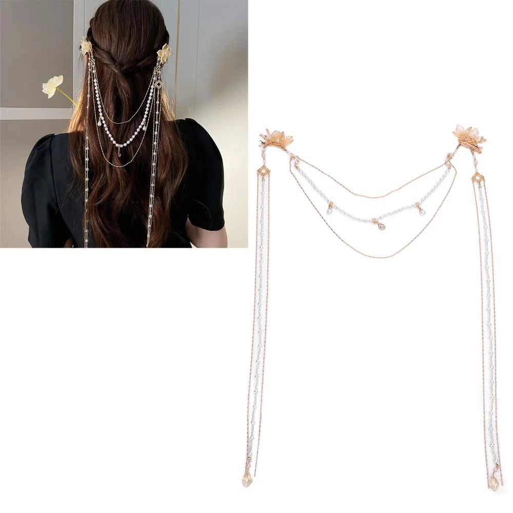 Pearl Chain Long Tassel Hair Clip Gold Color Long Tassel Tassel Hair Accessory Innovative Design Elegant Design