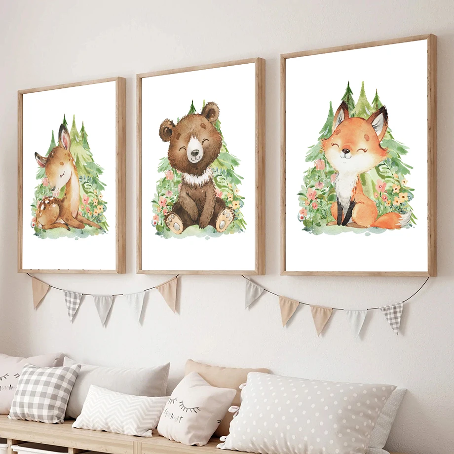 Fox Rabbit Owl Deer Bear Raccoon Wall Art Aesthetics Print Canvas Painting Posters for Living Room Modern Home Decor