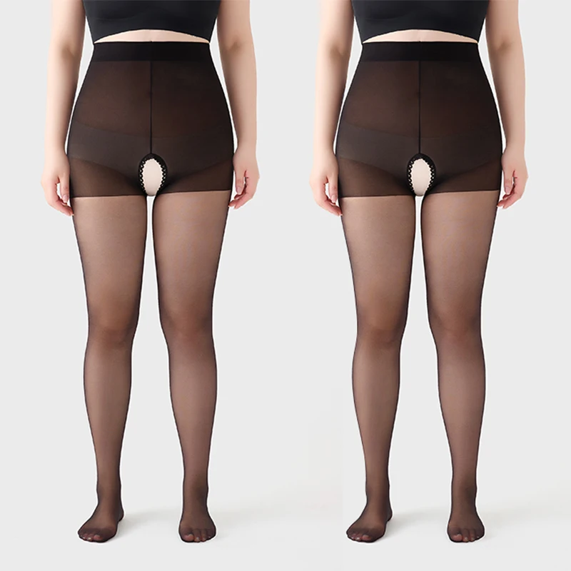 2 Pairs Plus Size Sheer Tights for Women Open Crotch Pantyhose 20D High Waist Pantyhose Stockings Control Top Resistant