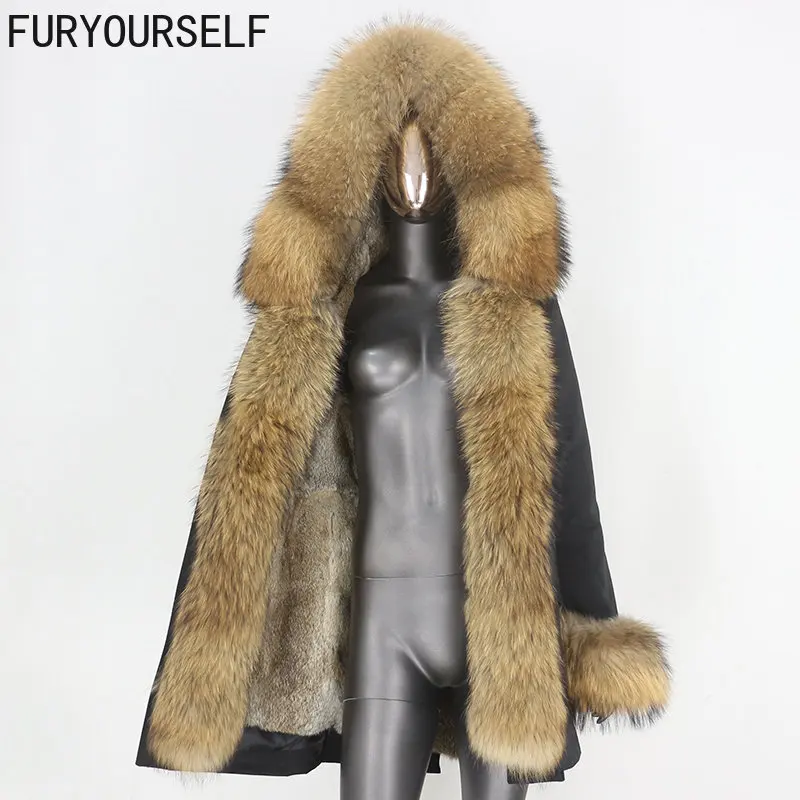 

FURYOURSELF 2023 New Winter Jacket Women Long Parka Real Rabbit Fur Coat Natural Raccoon Fox Fur Collar Warm Hooded Streetwear