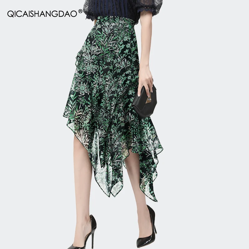 Fashion Green Floral Printed Chiffon Skirt Women High Waist A-line Irregular Mid Length Spring Summer Skirts Elegant Flowing