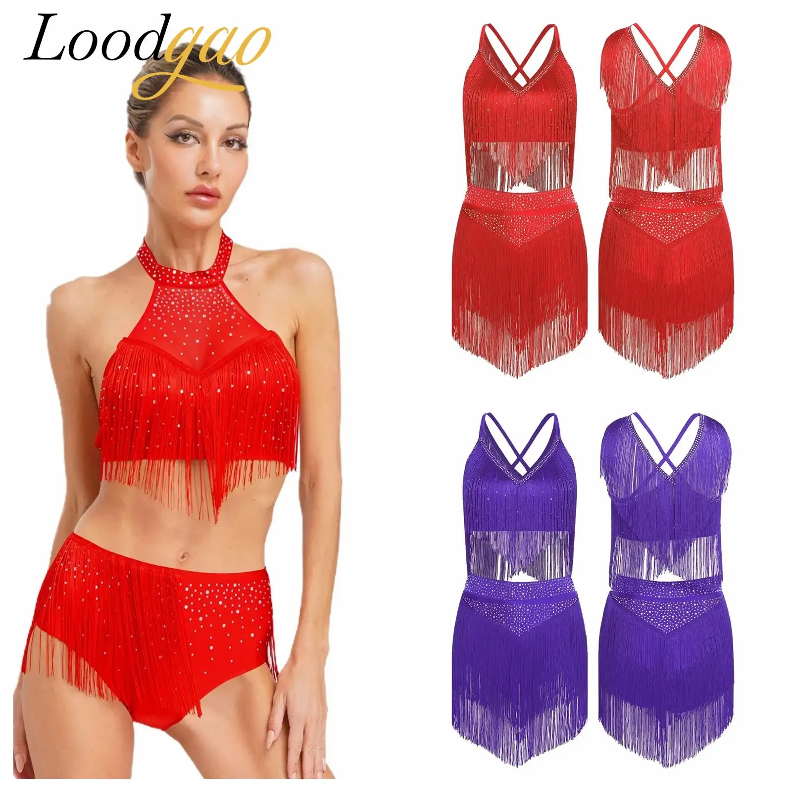 

Women 2 Piece Salsa Latin Dance Costume Outfits Fringe Crop Top with Tassels Skirt Cha Cha Performance Competition Clothes
