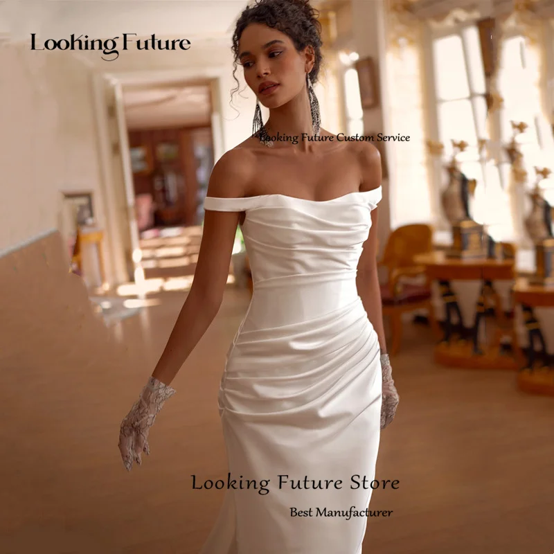 Elegant Ivory Satin Mermaid Long Wedding Dress Simple Off The Shoulder Strapless Sexy Side Slit Backless with Lace-up Grown 2026