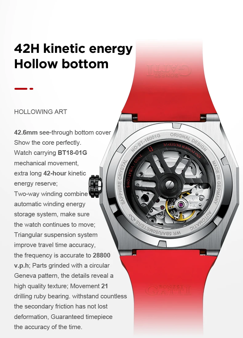 BONEST GATTI Men Automatic Watch Luxury Mechanical Wristwatch Skeleton Waterproof Sapphire Luminous Viton Strap Month Week Date