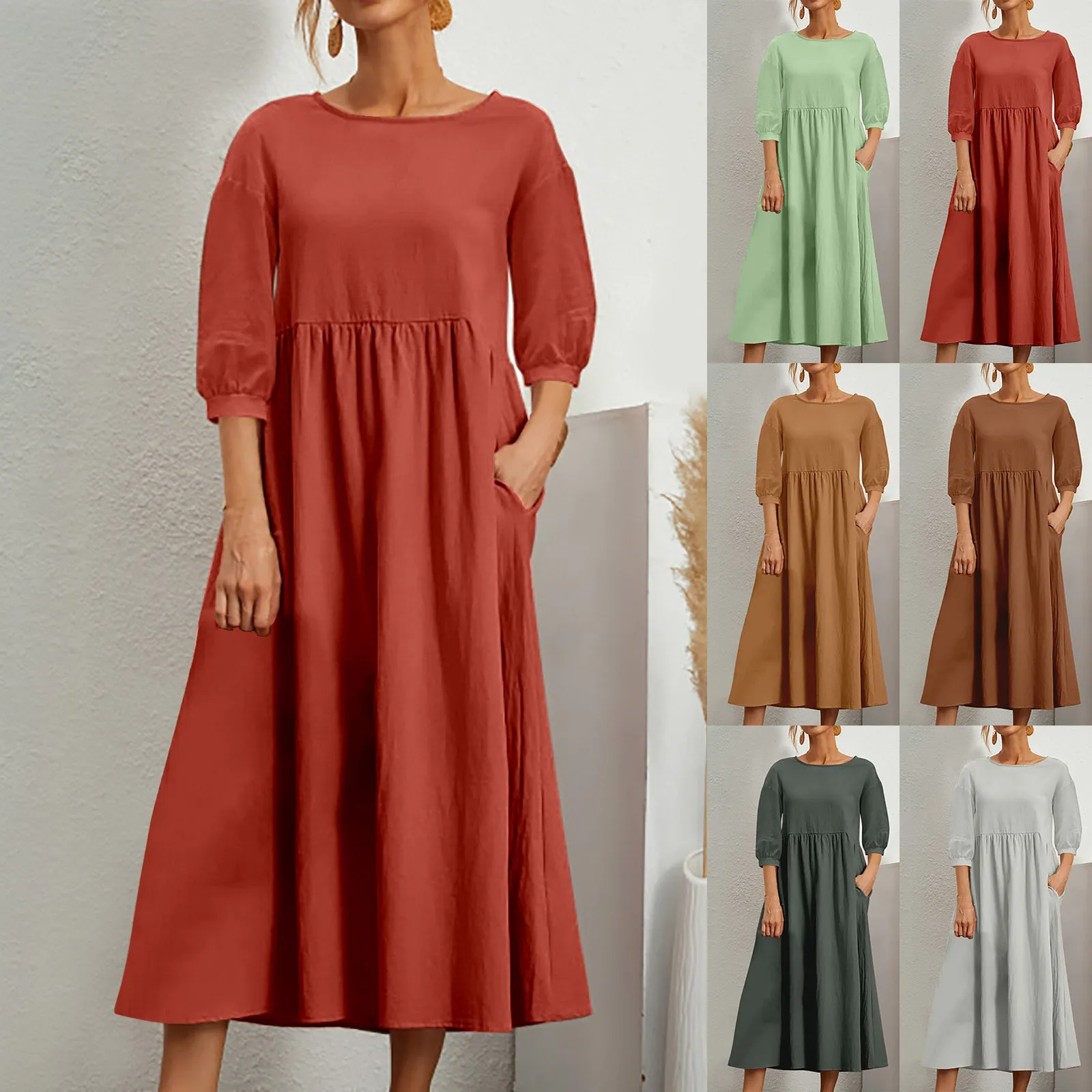 

Loose comfortable pleated dress women pockets round neck three quarter sleeves casual dresses solid color summer elegant dress