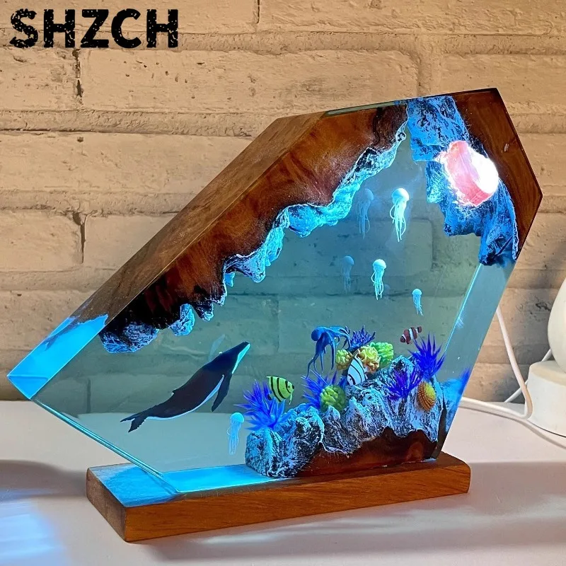 Resin Ornament Miniature Luminous Sculptures Whale Jellyfish Resin Lamp Ornaments Living Room Aesthetic Decoration Accessories