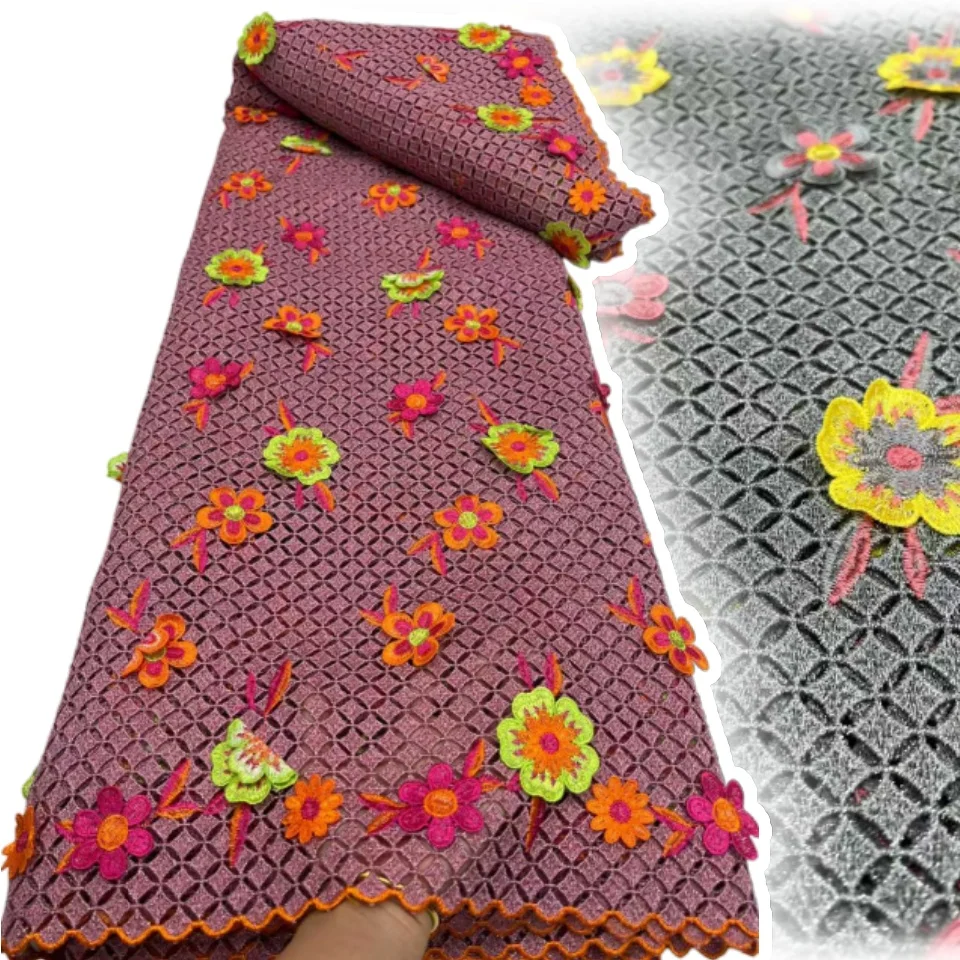 

Нигерийская 3D вышитая аппликация, водорастворимая кружевная ткань, 2025, африканский гипюровый шнур, кружевная ткань для шитья женских платьев AH1750