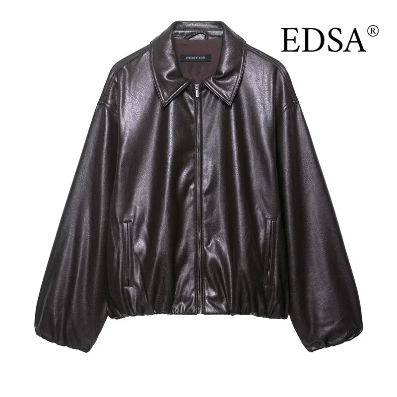 

EDSA женская куртка-бомбер из искусственной кожи с эластичным подолом и длинными рукавами на боковой молнии, осенне-зимнее пальто, верхняя одежда