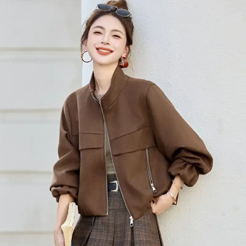 Pink Zippered Short Jacket With Pockets And Spliced Design For Women Casual Spring Autumn Wear