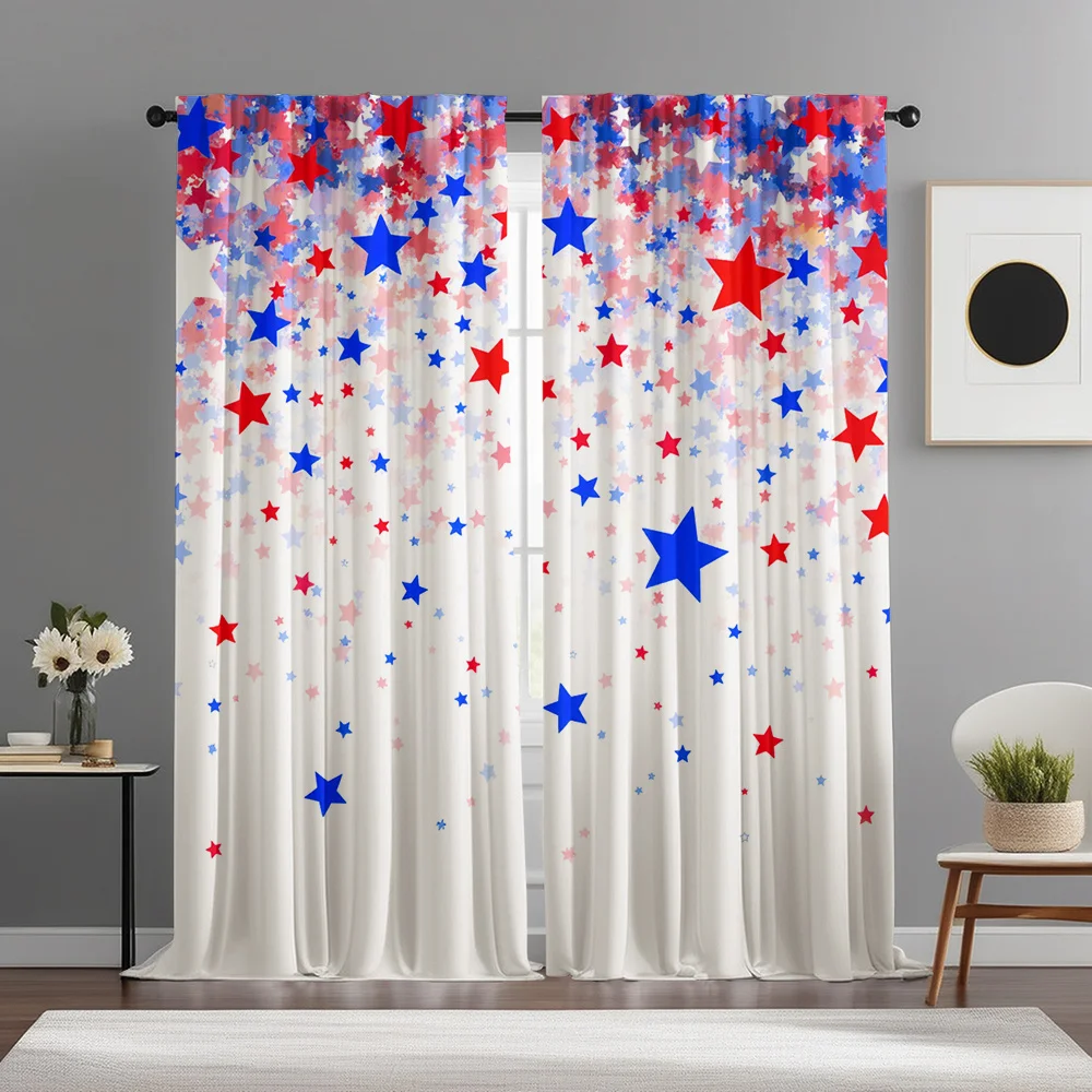 Red Blue White Star Confetti Curtains Set of 2 Rod Pocket Semi Sheer for Living Room Bedroom Decor