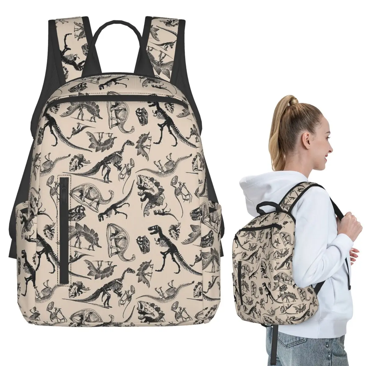 Vintage Museum Dinosaurs And Skeletons Black And Cream Backpack Student BookBag Kids School Bag Laptop Shoulder Bags Men Women