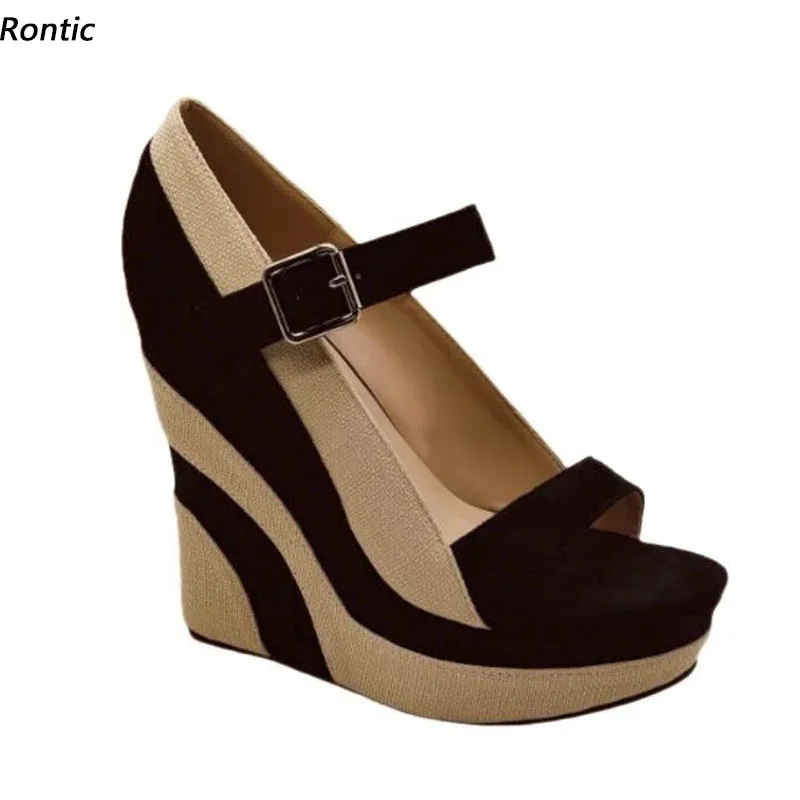 

Rontic/женские туфли-лодочки ручной работы на платформе с пряжкой на танкетке, высокие каблуки с круглым носком, красивая черная повседневная обувь, женские размеры США, большие размеры 4-15