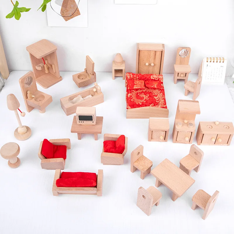 Wooden Dollhouse Furniture 1/12 Miniature Toys Girl Dolls Accessories Bedroom Bathroom Dollhouse Kit For Dolls