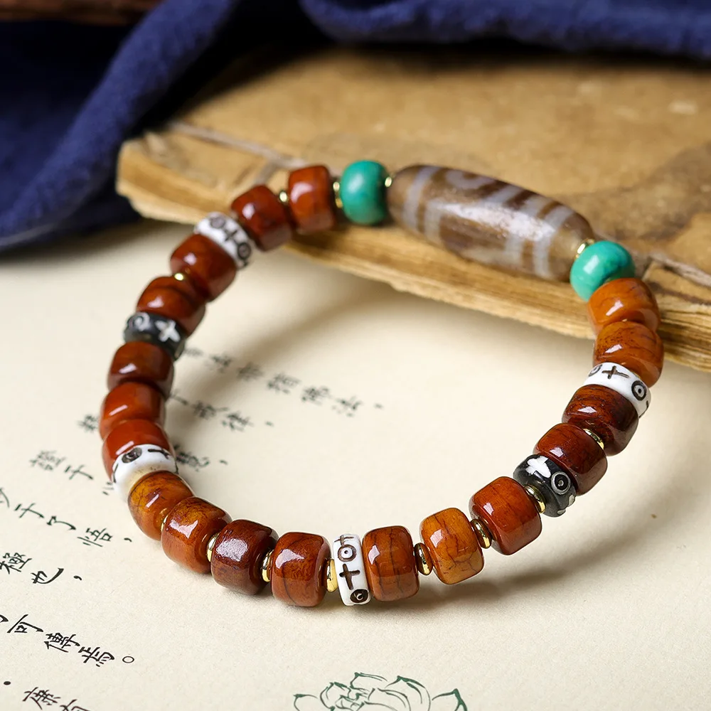 

Tibetan Jewellery Yak Bone Barrel Bead Bracelet Original Cultural Games Three Eyes Dzi Bead Strings Bone Jewellery