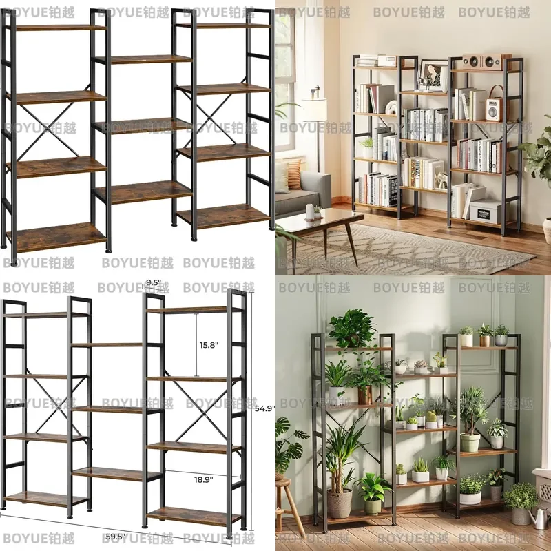 Triple Bookshelf Four Tier Bookcase With Eleven Open Display Shelves Adjustable Industrial Metal Frame Standing Storage Rack