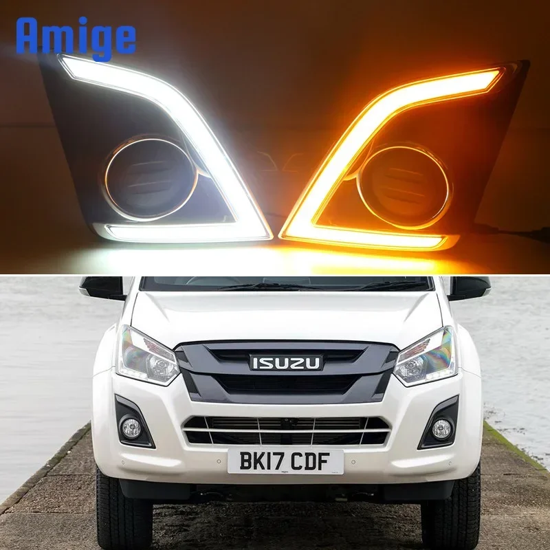 Car LED Daytime Running Headlamps For ISUZU D-Max DMAX Pickup 2016 2017 2018 2019 Daylights Yellow Turn Signal DRL Car Foglamps