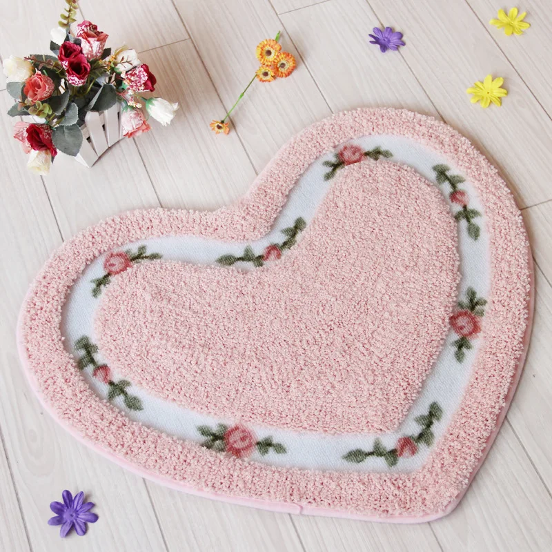 Heart Shape Nonslip Bath Mat Embroidered Toilet Rug Kit Water Absorption Door Mat for Bathroom Toilet Bedroom Floor Mat