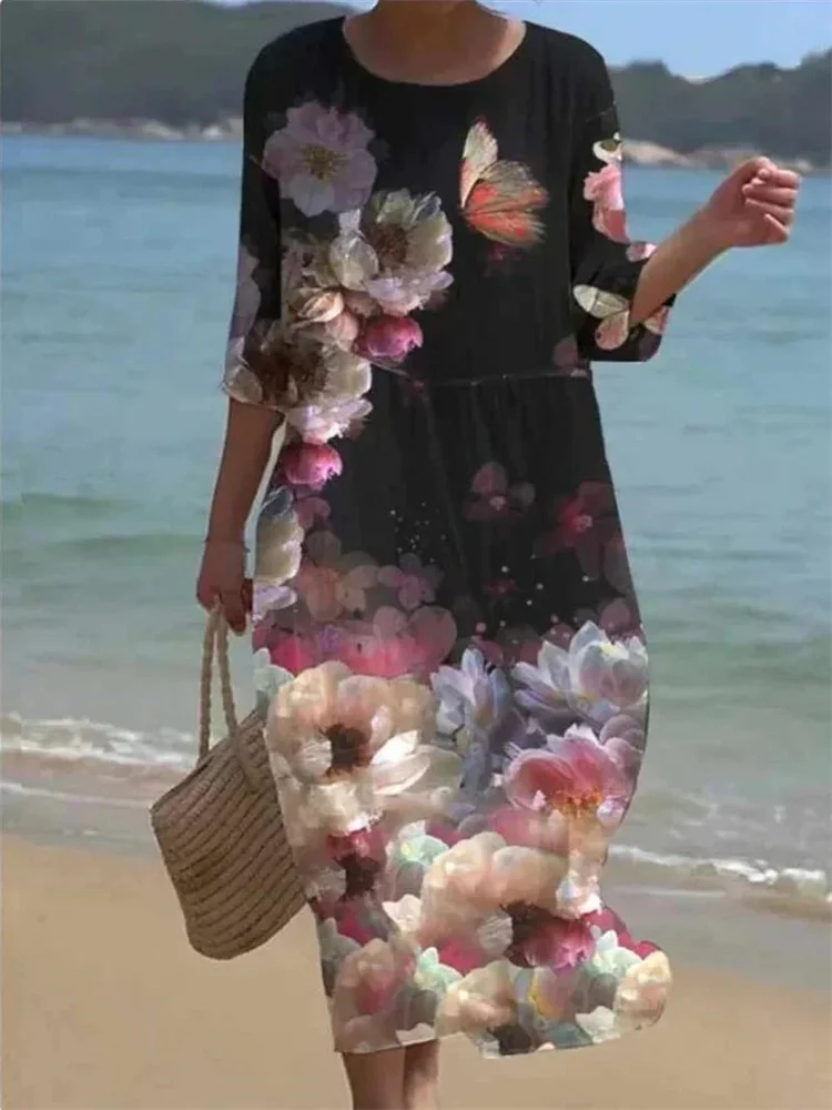 

2024 New Woman Summer Half Sleeves Dress Elegant Fashions Women‘S Dresses Flowers Print Bohemian Loose Holiday Beach Midi Dress