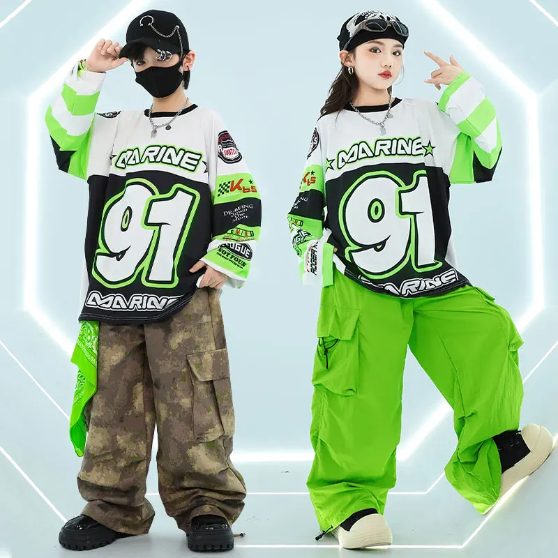 

New Girls Cool K-pop Sweatshirt Green Cargo Pants Outfit Boys Hip Hop Street Dance Clothes Sets Group Jazz Streetwear Costumes