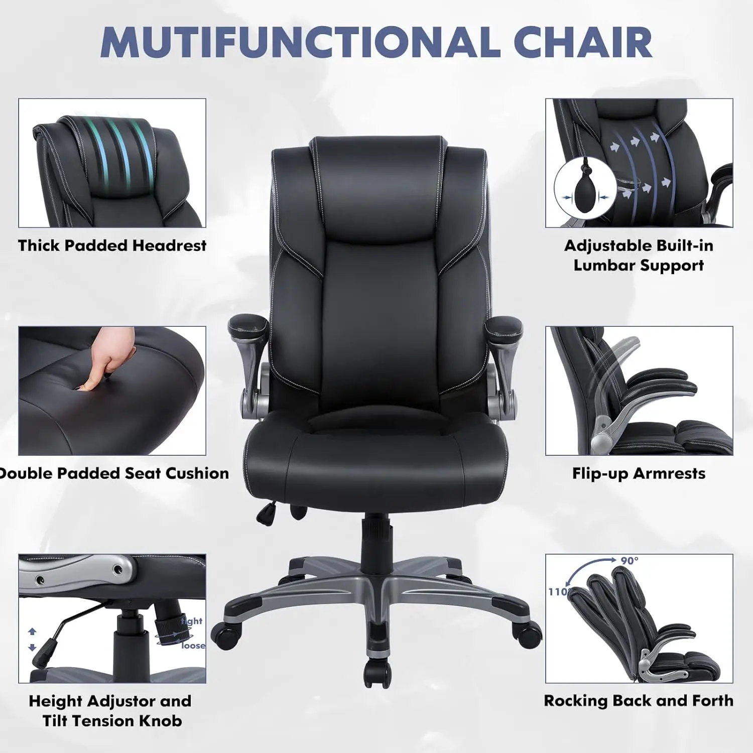 Leather Executive Office Chair High Back Home Computer Desk Chair with Padded Flip-up Arms Adjustable Tilt Lock Swivel Rolling