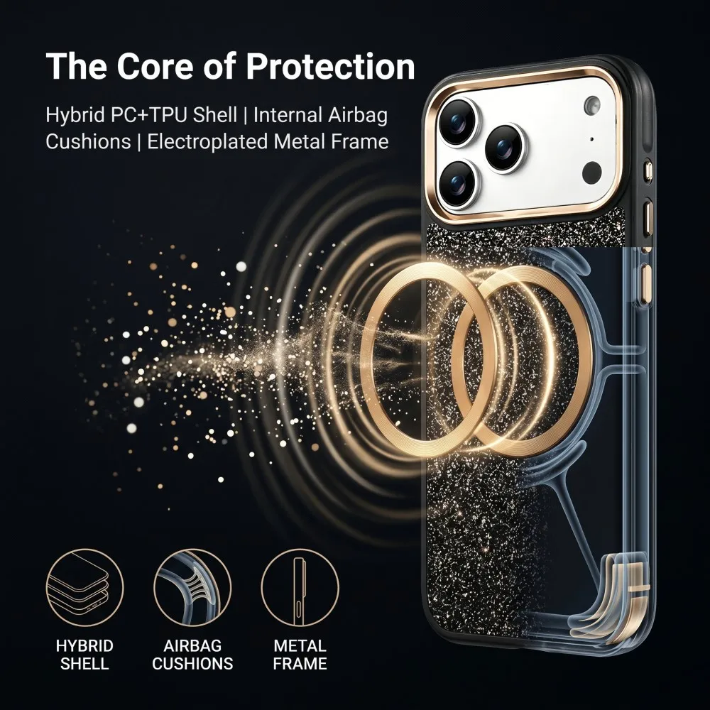 Glitter For Iphone 17 Pro Max 15 16 Pro Max Phone Case Magnetic Wireless Charger Fashion Protection Back Cover