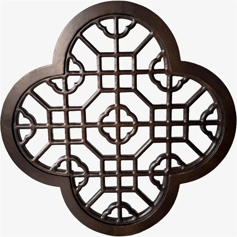 Chinese antique four-leaf clover pendant, wooden hollow pattern wall hanging Dongyang wood carving solid wood decoration
