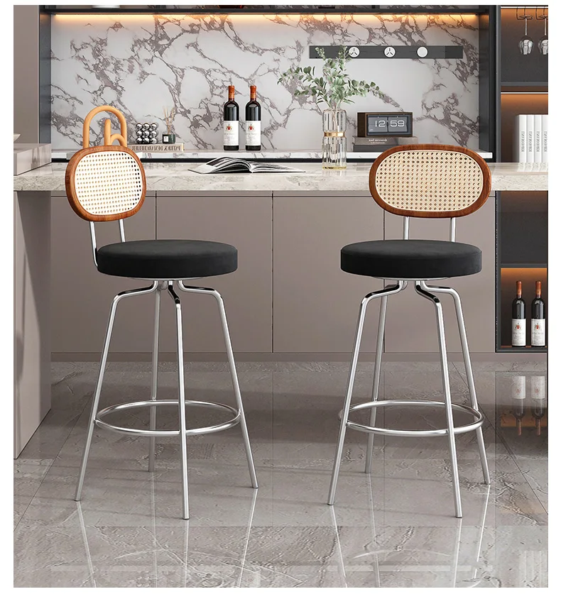 FG rattan modern simple home bar chair high foot wrought iron comfortable round seat cushion backrest chair