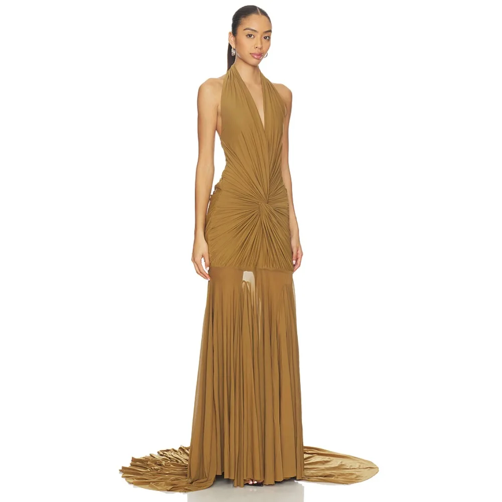 

Customized Halter Illusion Evening Dresses Yellow Fashion Maxi Party Dress Long Elegant Modern Formal Prom Gown for Women 2026
