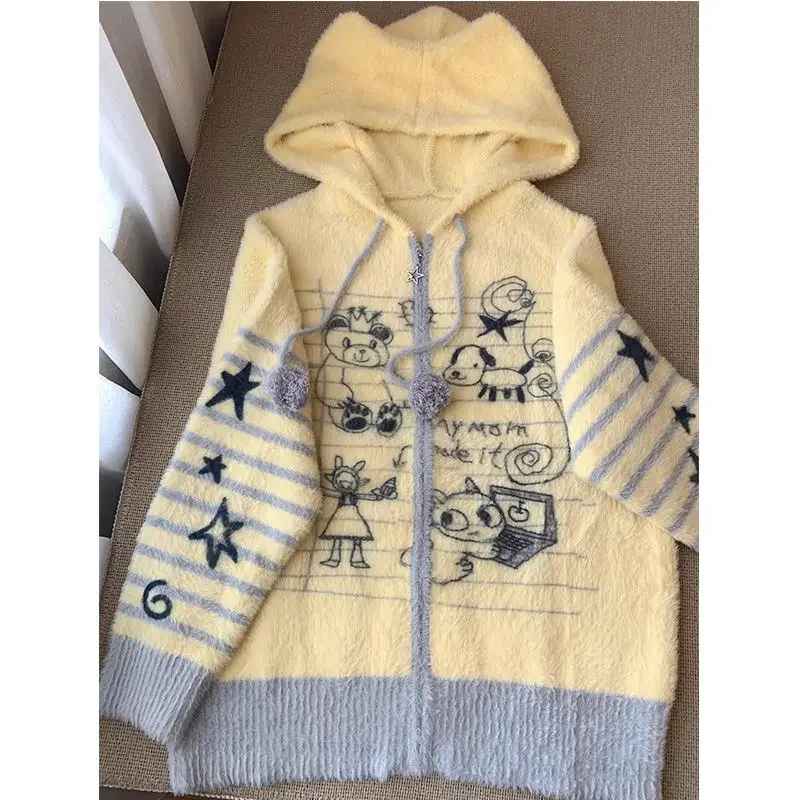 Y2k Only Cartoon Bear Jacquard Hoodie Cardigan Women Casual Kawaii Ears Hooded Knit Top Harajuku Retro Loose Sweater