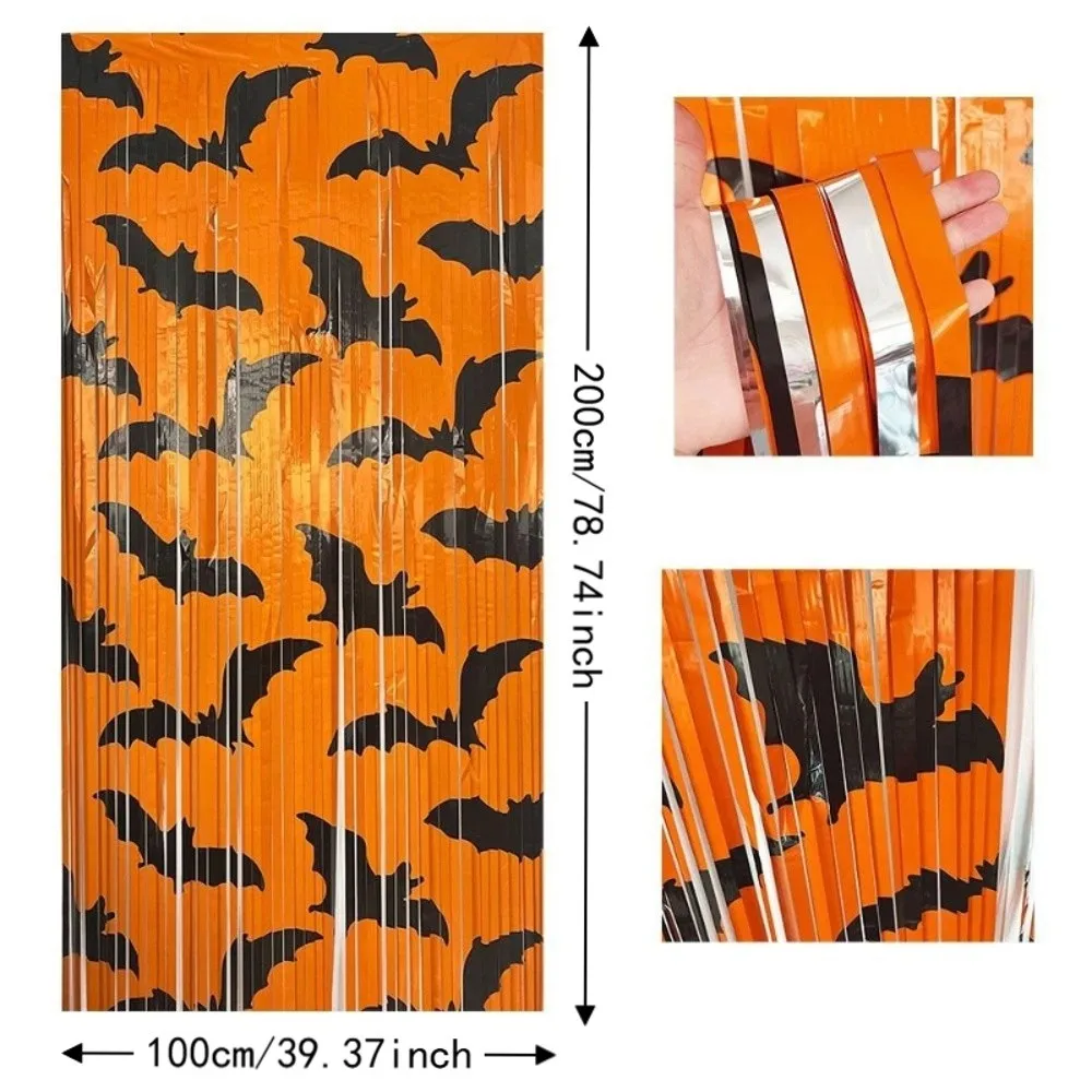 Black Bat Pattern Halloween Backdrop Foil Streamer Fringe Curtain Halloween Tinsel Curtain Decorative Self-Adhesive