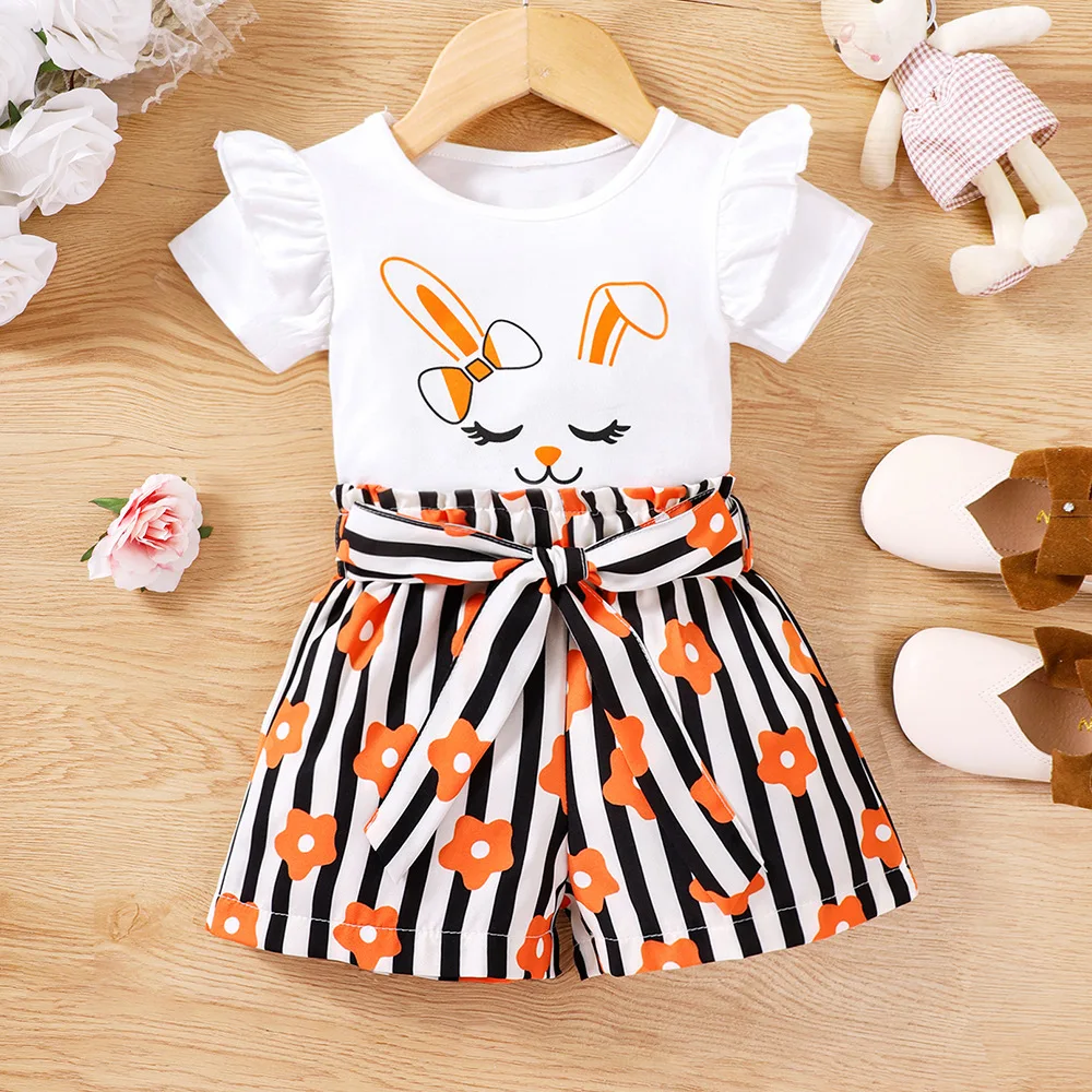 

New Child Clothes Sets Short Sleeve Print Rabbit T-shirt Striped Florl Dress 2 Piece Sets Designer Girls Clothes Set 18M-6T