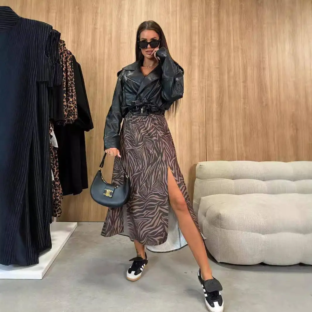 Fashionable High-Waisted Printed Asymmetrical Skirt Women's Polyester Autumn 2024 Independent Station Wish Best-Selling Item