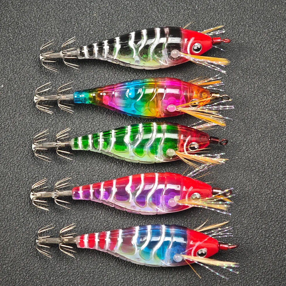 5-teiliges Set Horizontaler Tintenfisch-Jig Egi-Set Leuchtender Garnelen-Köder für Salzwasser-Meeresfischerei Tintenfisch Oktopus Sepia – Detail 3