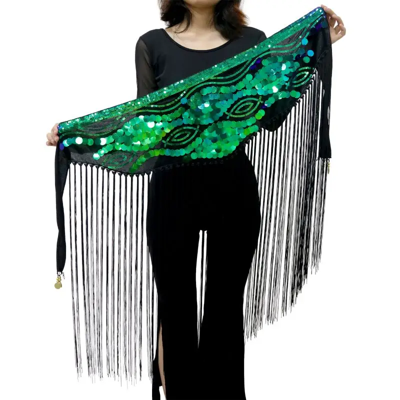 

Women Belly Dance Sequins Hip Scarf with Dangling Tassel Belly Dancer Waist Chain Skirts Wrap Stage Costumes