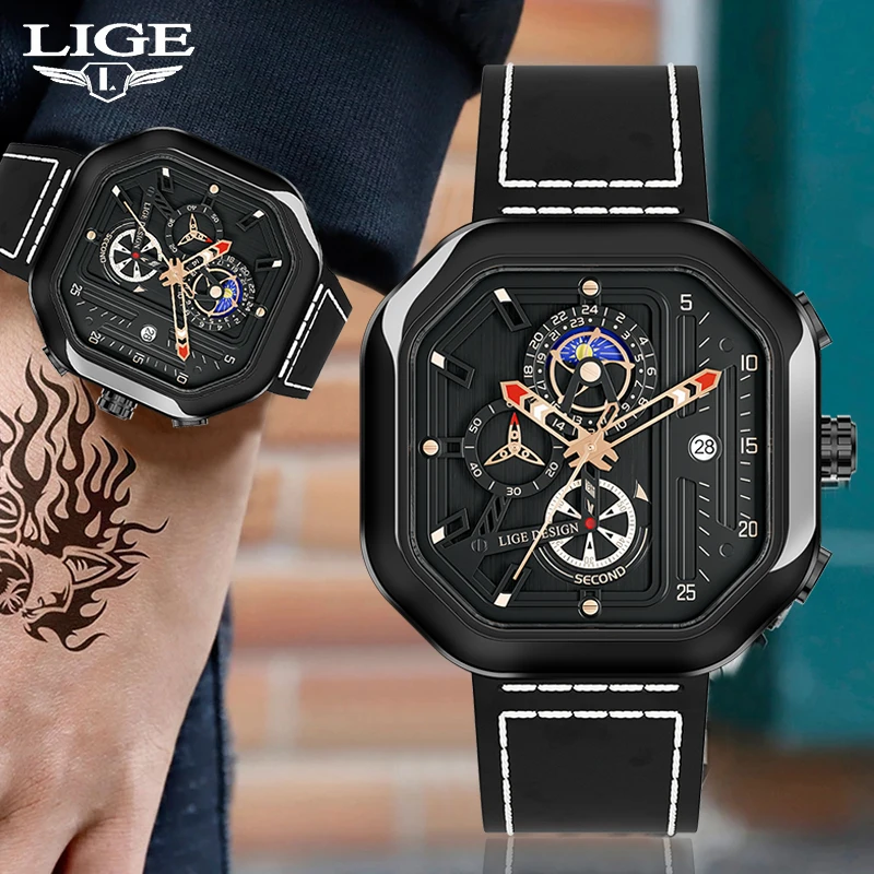 

New LIGE Brand Luxury Watch for Men Retro Square Mens Watches Sports Waterproof Wristwatch Leather Quartz Date Clock Moon Phase