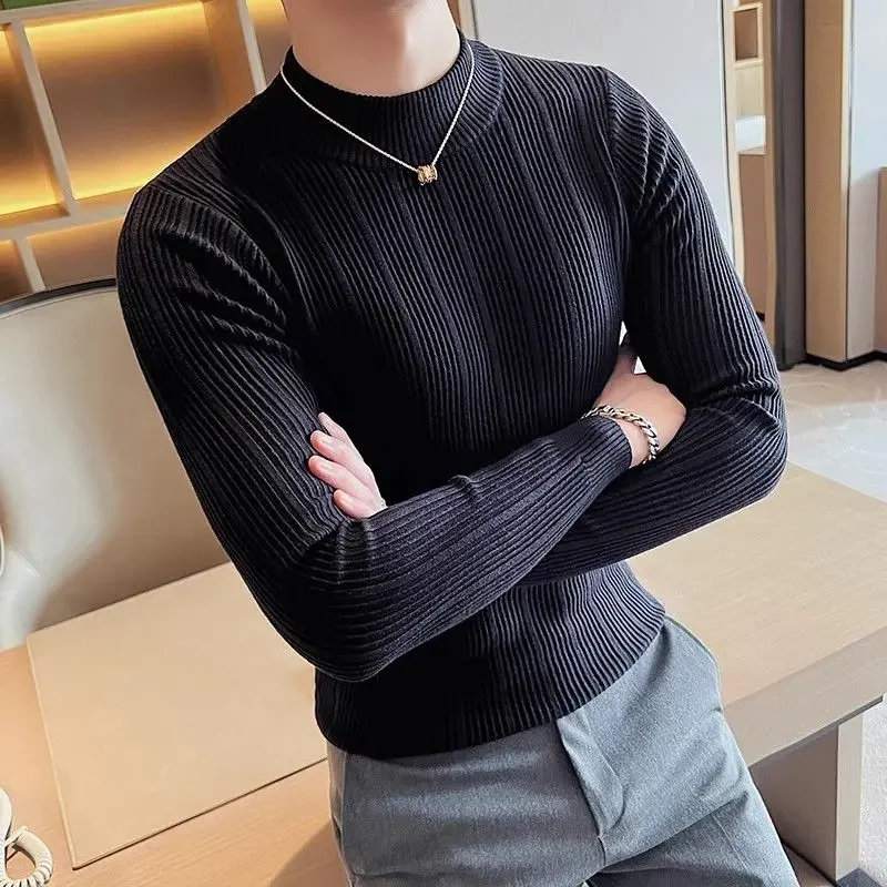 Trend Fashion Autumn Winter New T-shirt Men Mock Neck Simplicity Casual Long Sleeve Slim Pullovers Knittd Bottoming Shirt Tops