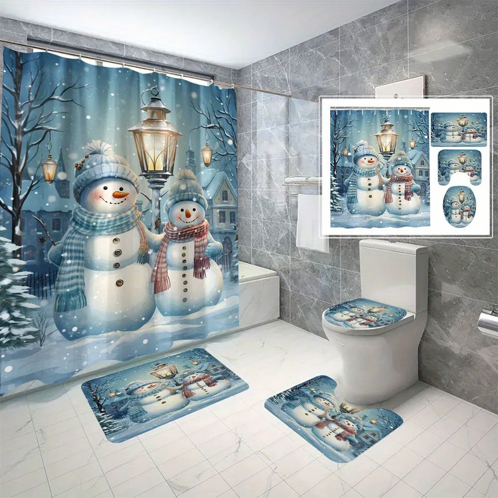 

‌4PCS Christmas Snowman Shower Set - Waterproof Polyester, No-Drill Hooks Included, Machine Washable Bathroom Decor