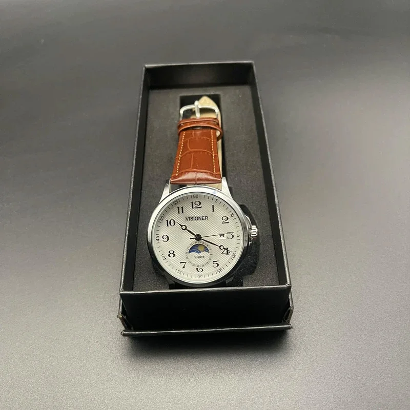 Orologio da uomo nuovo Orologio al quarzo di tendenza per il tempo libero, orologio Sun Moon Star, orologio in vera pelle, orologio rotondo in acciaio inossidabile, regalo di compleanno