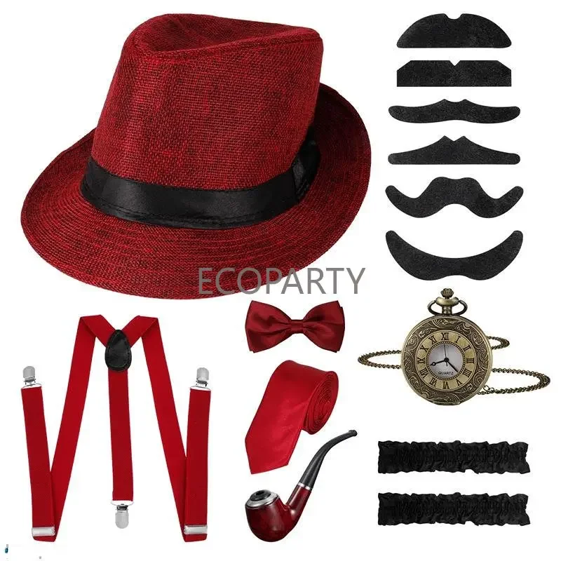 20S 1920S Mens Gatsby Gangster Kostuum Opa Accessoires Set Met Krantenverkoper Hoed Roaring 30S Retro Oude Man kostuum Accessoire Set