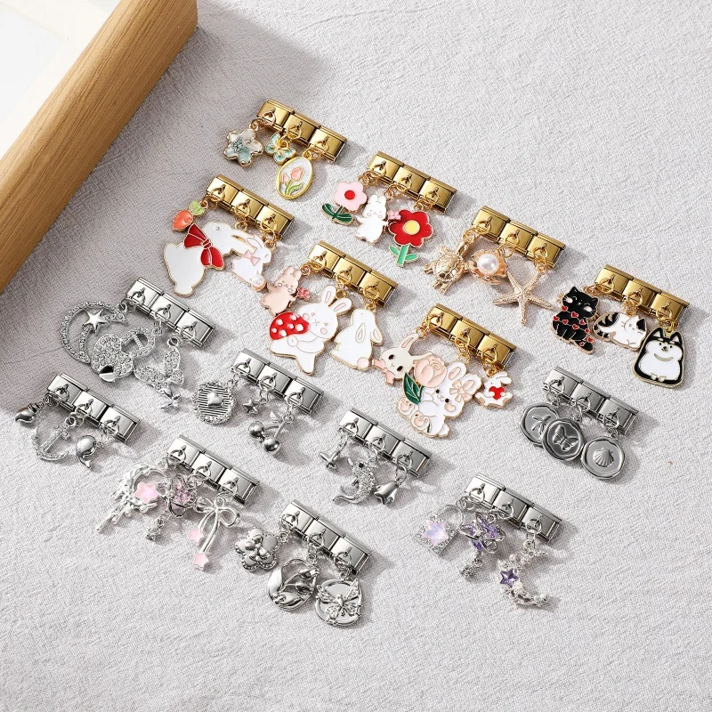 3PCS Brilliant Butterfly Dog Rabbit Shell Tulip Moon Y2K Pendant Charm Links Fit 9mm Stainless Steel Bracelet DIY Making Gift