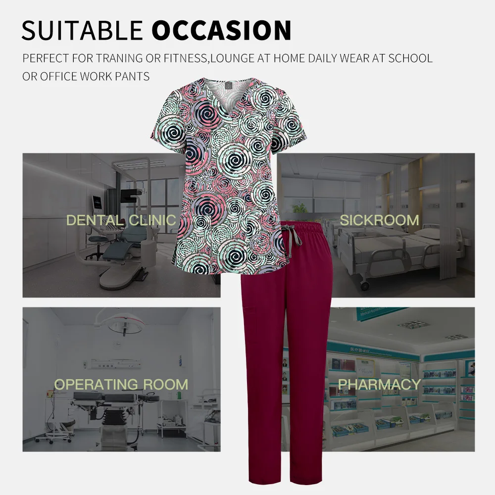 クリーン保護外科医セット女性と男性印刷医療制服調節可能な看護スクラブスーツ歯科作業服セット