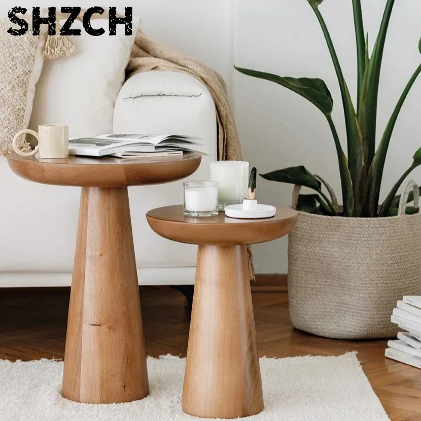 Retro Solid Wood Side Table Modern Round End Tables for Living Room Natural Sofa Accent Table Handcrafted Coffee Table Stool