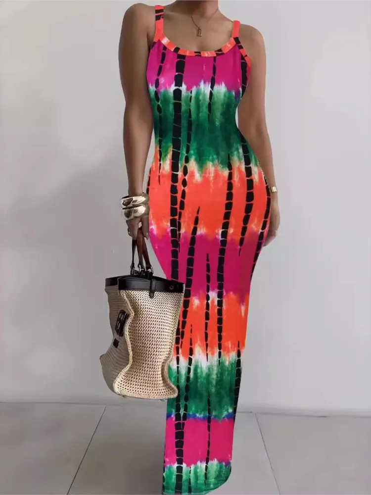 Color Tie Dye Print Spaghetti Strap Long Dresses Women Fashion Trendy Package Hip Bodycon Dress Female Streetwear Club Vestidos