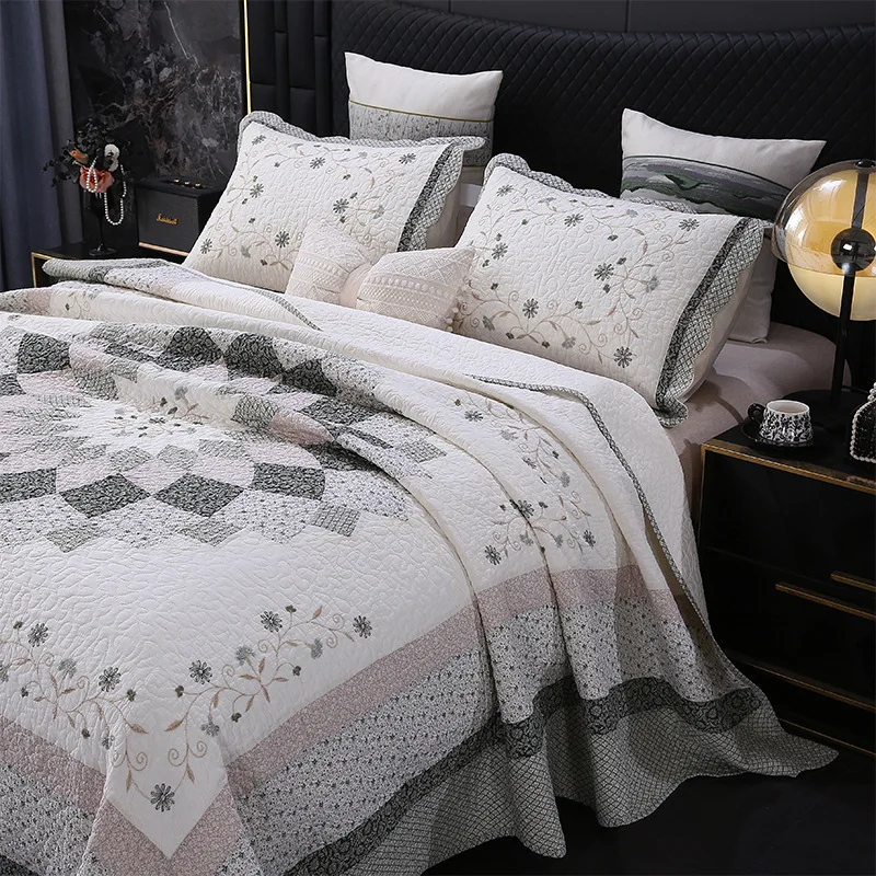 

100% Cotton Patchwork Quilted Bedspread Set 3Pcs, European Embroidered Quilt Thin Comforter Coverlet Blanket for Home Decor