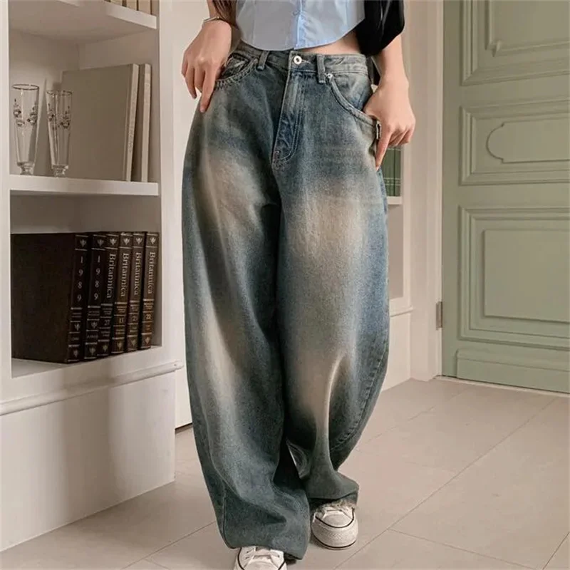 Cintura alta perna larga casual chique americano retro jeans feminino até o chão solto emagrecimento calças compridas corte reto sem estiramento