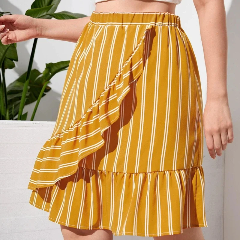 Plus Size Elastyczna talia Letnia elegancka spódnica w kwiaty Kobiety Ruffle Trim Casual Midi Stripe Spódnica Kobieta Duży rozmiar Boho Spódnica 7XL