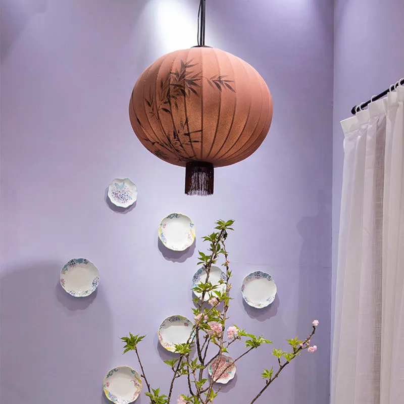 Traditional lantern painting pendant lamp handmade Fabric lampshade chinese lantern Hotel Bamboo Decor Restaurant lighting