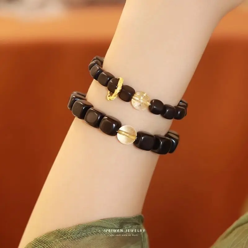 Baroque Fashion Cube Ebony Green Sandalwood Square Beaded Bracelet For Male Girlfriend Gift Couple Lukcy Hand String