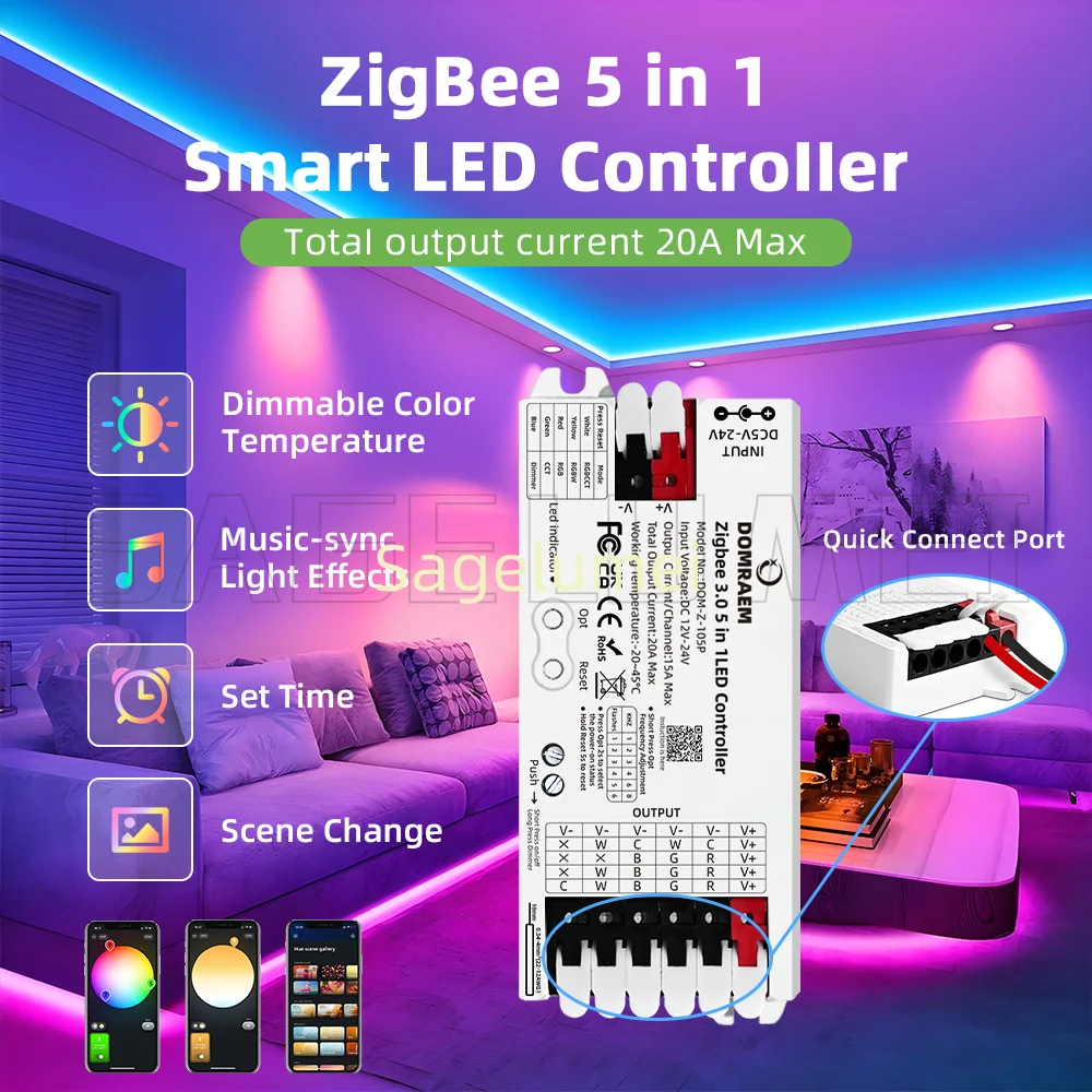 DC12-24V WW/CW RGB RGBW Strips Works with APP control Smart ZigBee3.0 LED Controllers 5-in-1/3-in-1/RGBCCT LED Controller Dimmer